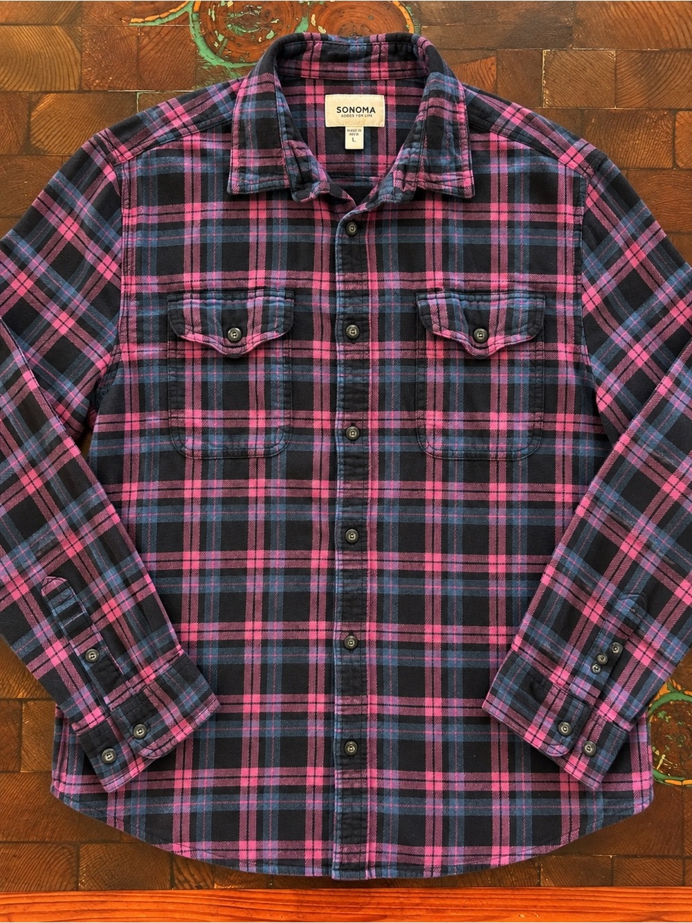 Sonoma Goods For Life Men’s L Plaid Flannel Shirt Black Pink Blue Button Up